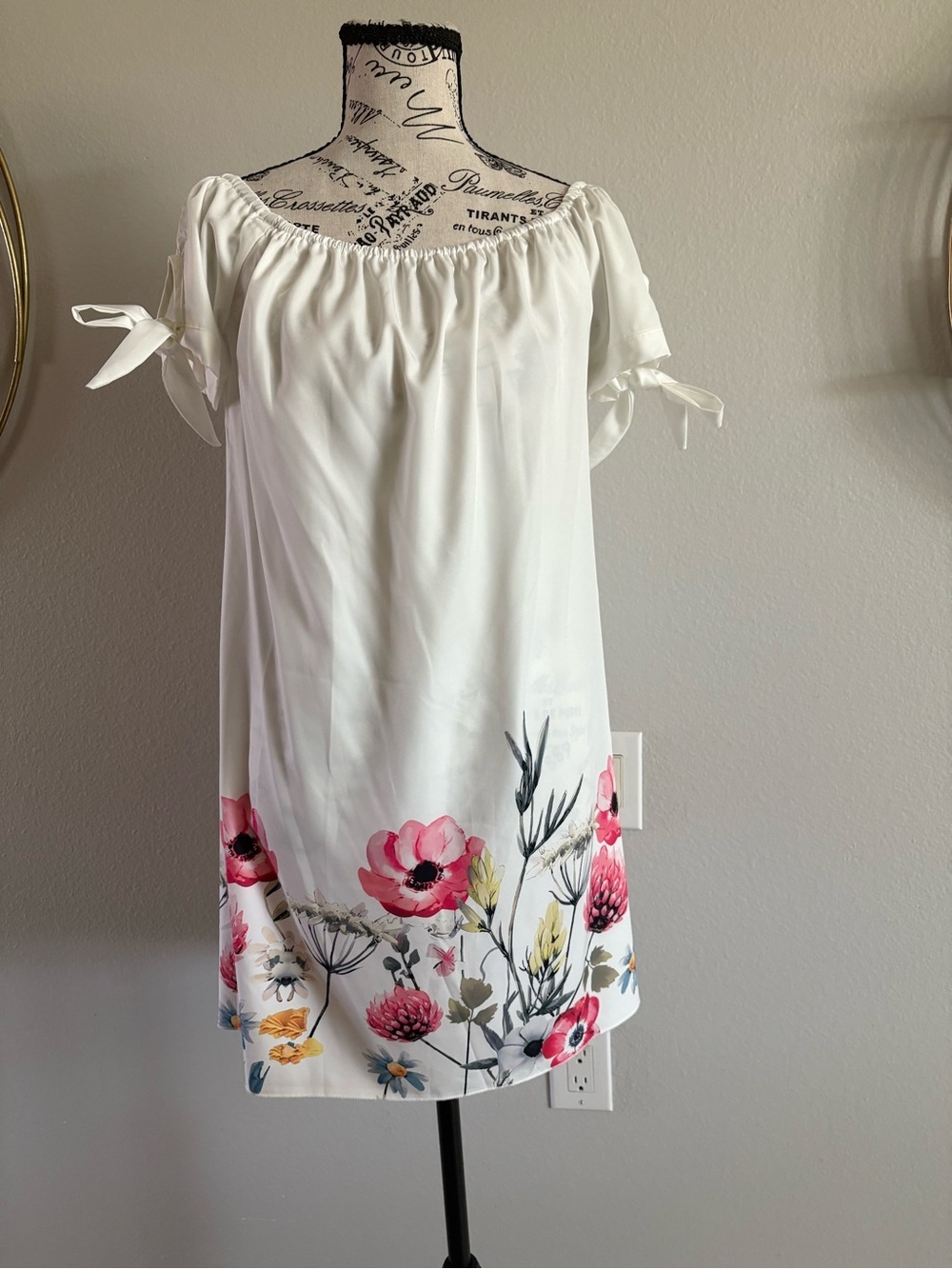 SHEIN White Floral Off-Shoulder Dress with Pink & Gray Accents
